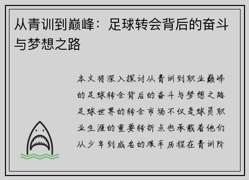 从青训到巅峰：足球转会背后的奋斗与梦想之路
